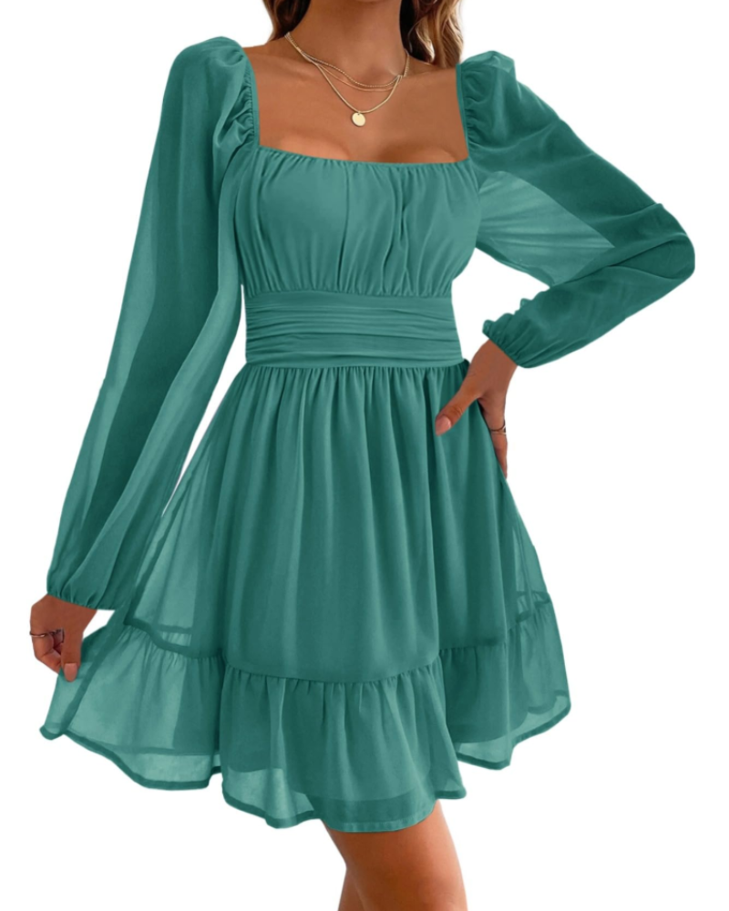 Madeline Women's Evening Dress – Square Neckline, Tulle Sleeves, and Ruffles