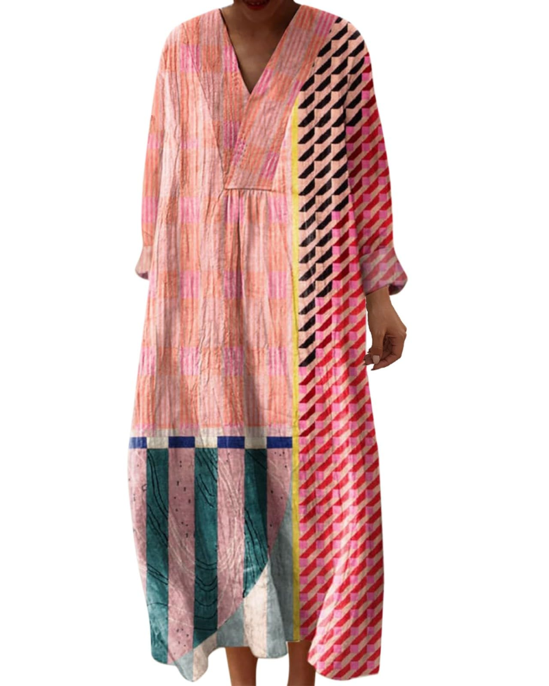 Vestido Midi Elena para Mujer – Vestido Bohemio Floral en Línea A con Escote en V y Mangas Largas