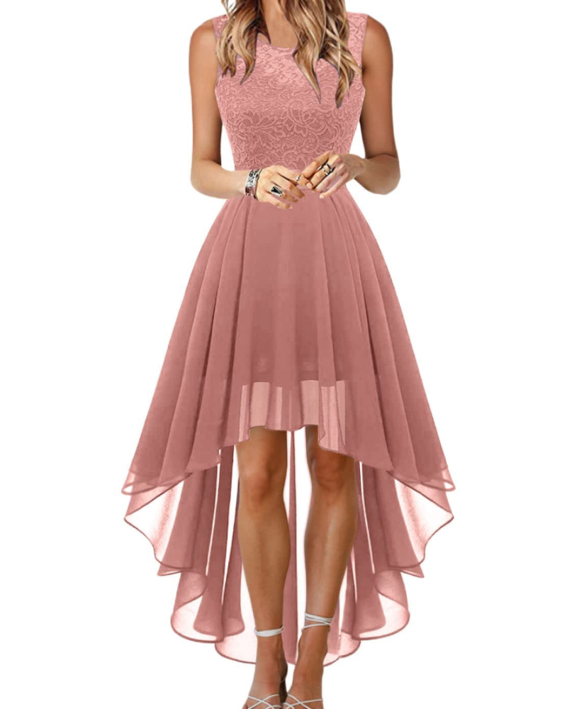 Blaire Women's Cocktail Dress – Asymmetric Lace and Chiffon Dress with Belt