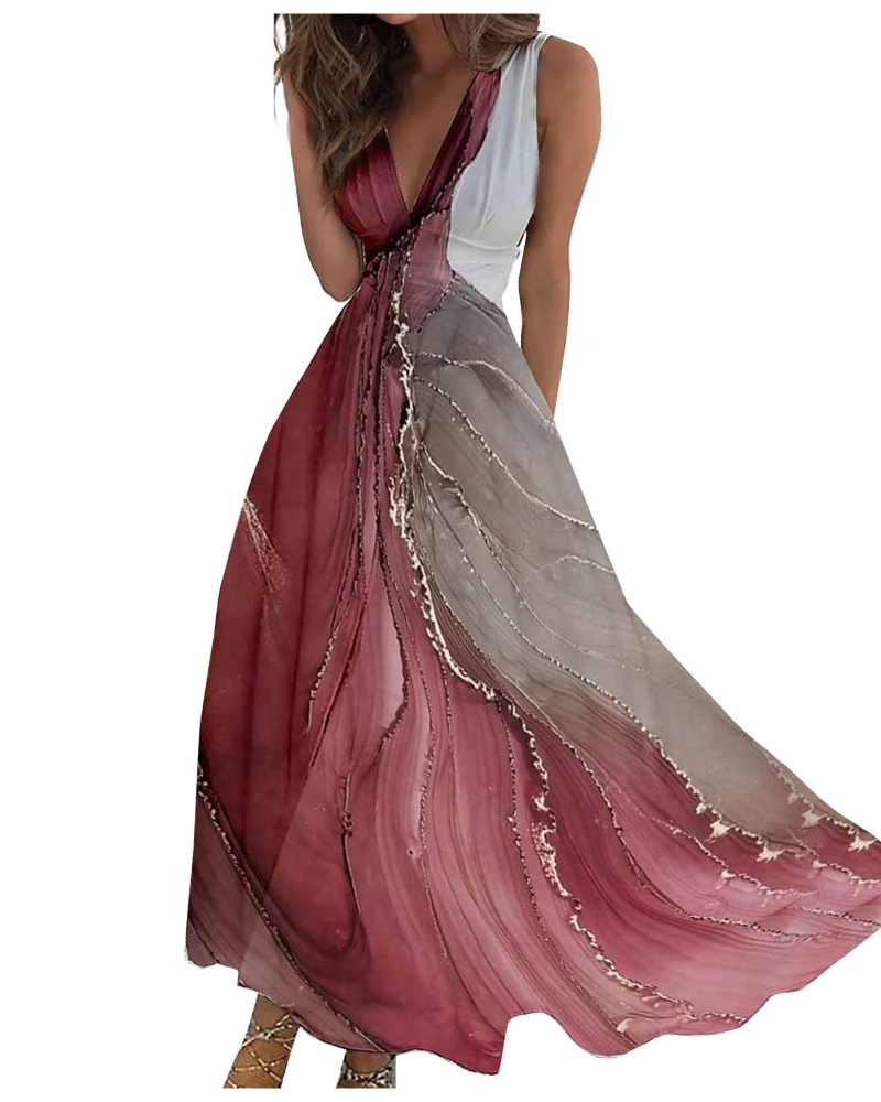 Camille Abito Maxi Donna – Rochie Boho Florală fără Mâneci cu Decolteu în V