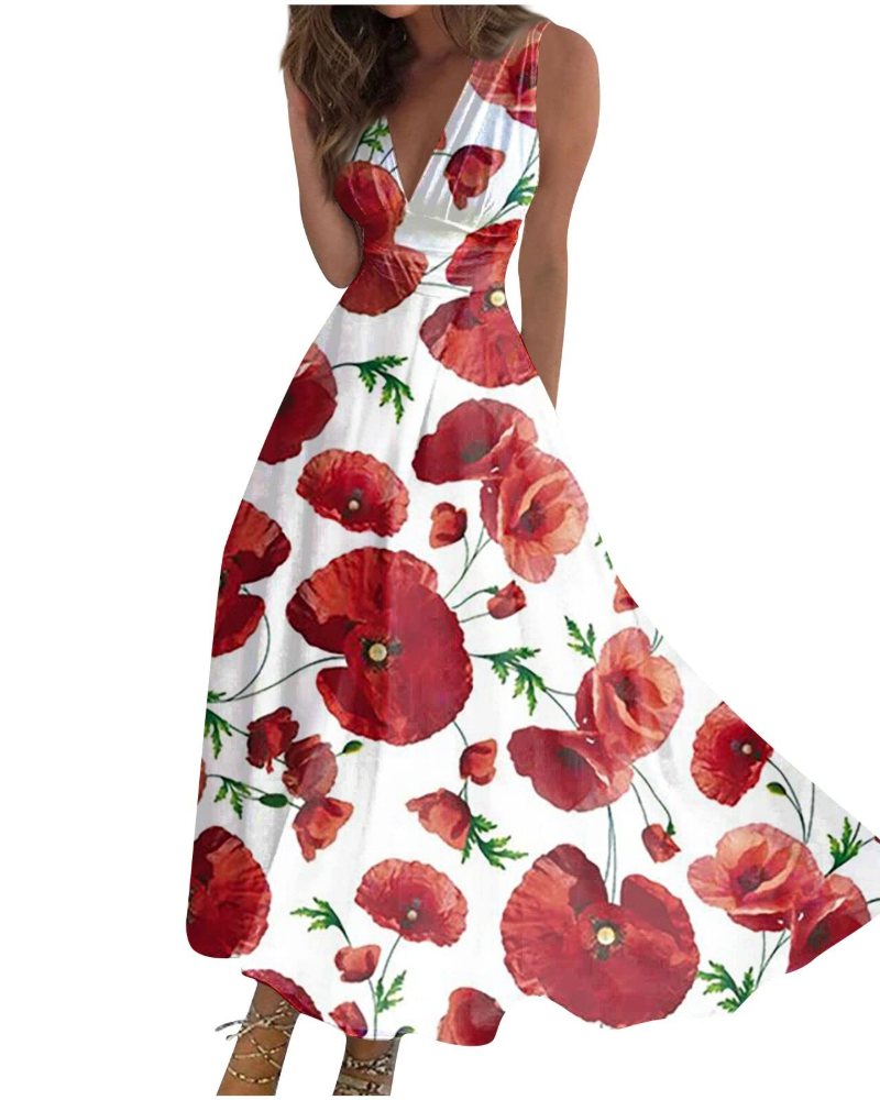 Camille Abito Maxi Donna – Rochie Boho Florală fără Mâneci cu Decolteu în V