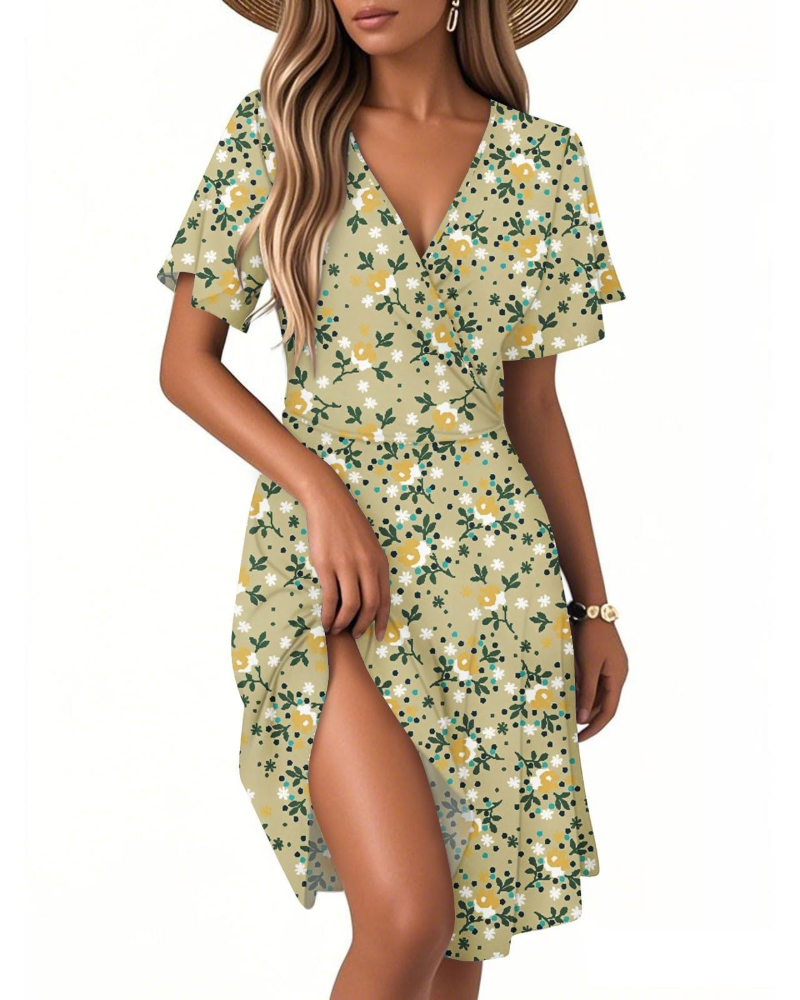 Isla Robe d'été pour femme – Robe fleurie à ligne A avec col en V et volants