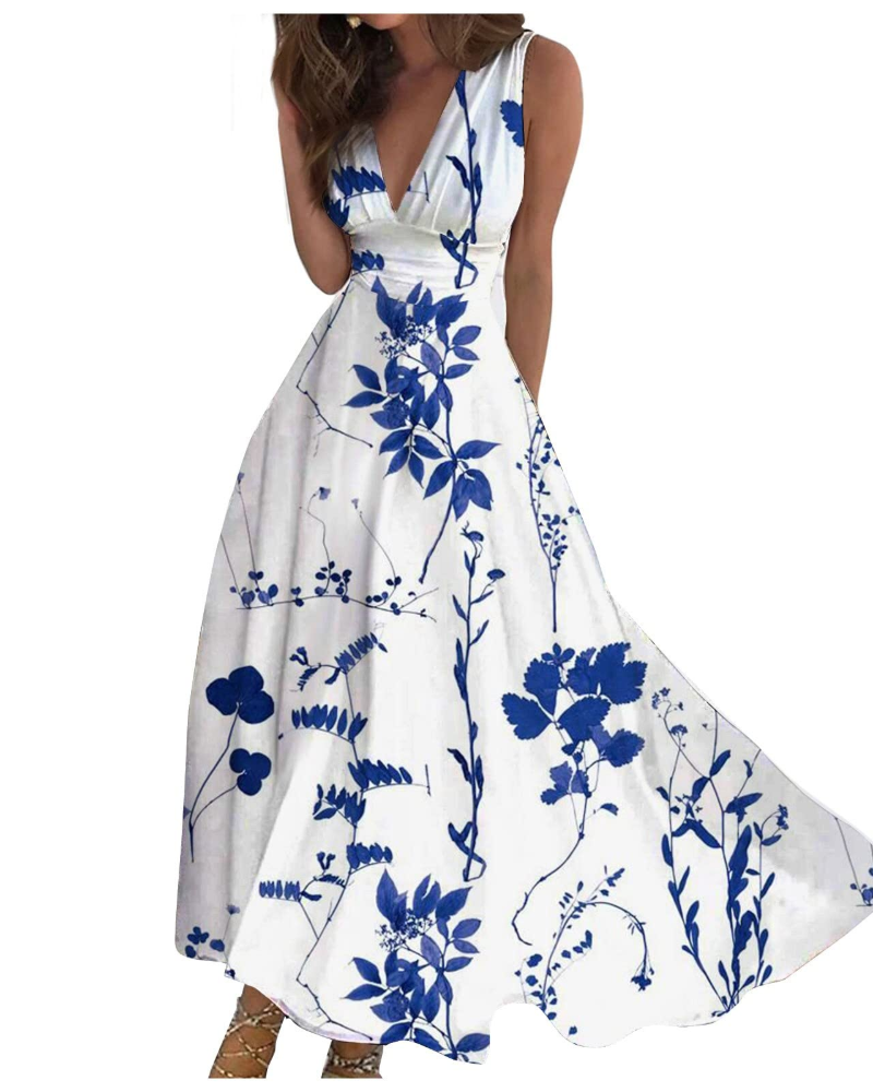 Camille Abito Maxi Donna – Rochie Boho Florală fără Mâneci cu Decolteu în V