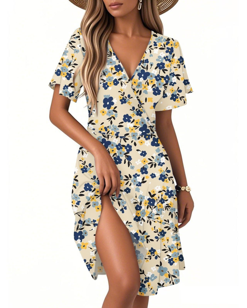 Isla Robe d'été pour femme – Robe fleurie à ligne A avec col en V et volants