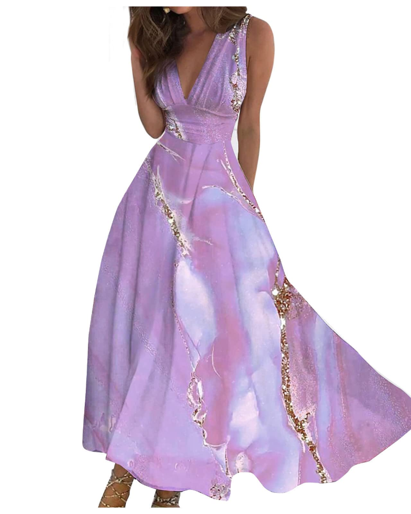 Camille Abito Maxi Donna – Rochie Boho Florală fără Mâneci cu Decolteu în V