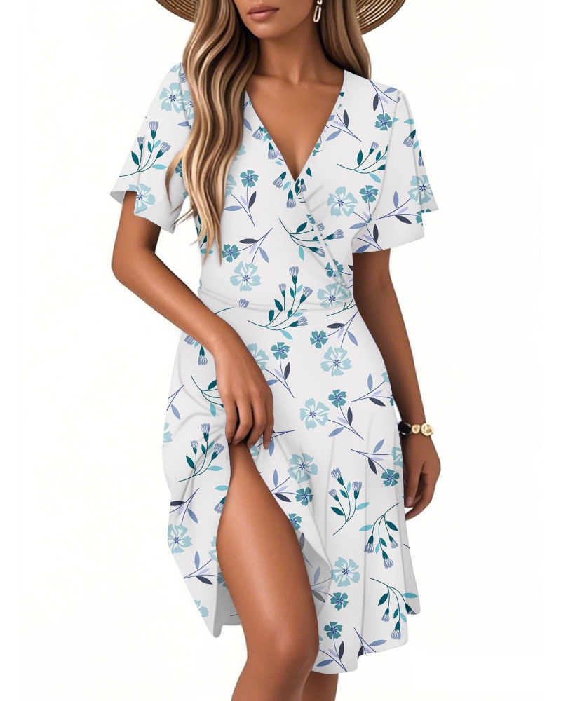 Isla Robe d'été pour femme – Robe fleurie à ligne A avec col en V et volants