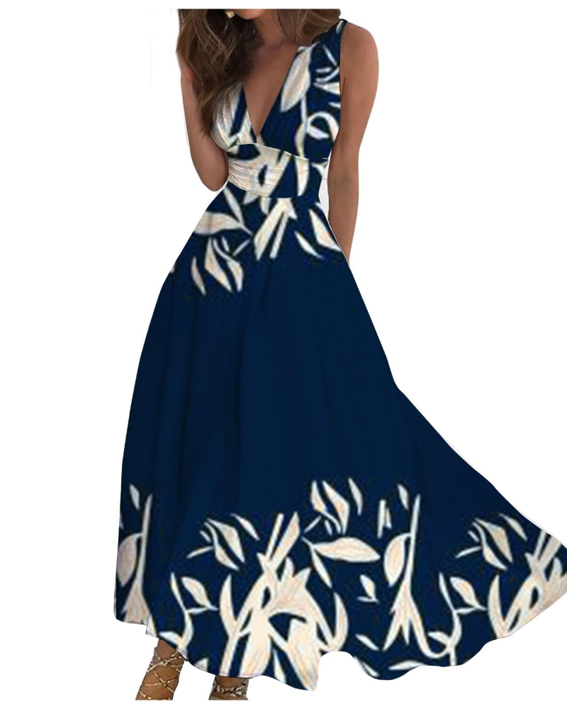 Camille Abito Maxi Donna – Rochie Boho Florală fără Mâneci cu Decolteu în V