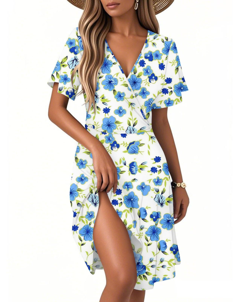 Isla Robe d'été pour femme – Robe fleurie à ligne A avec col en V et volants