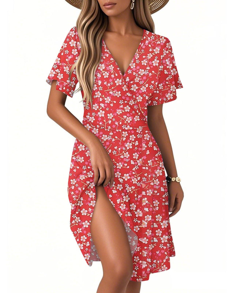 Isla Robe d'été pour femme – Robe fleurie à ligne A avec col en V et volants