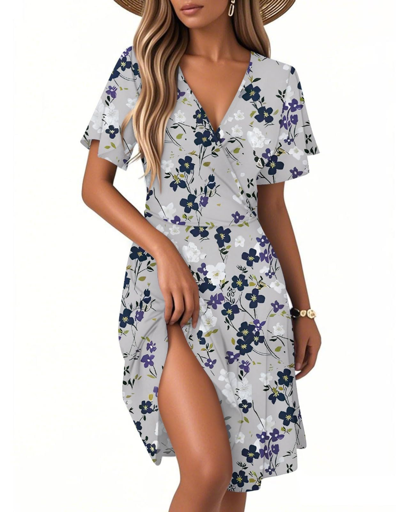 Isla Robe d'été pour femme – Robe fleurie à ligne A avec col en V et volants