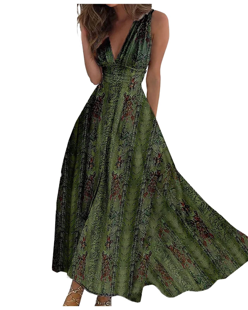 Camille Abito Maxi Donna – Rochie Boho Florală fără Mâneci cu Decolteu în V