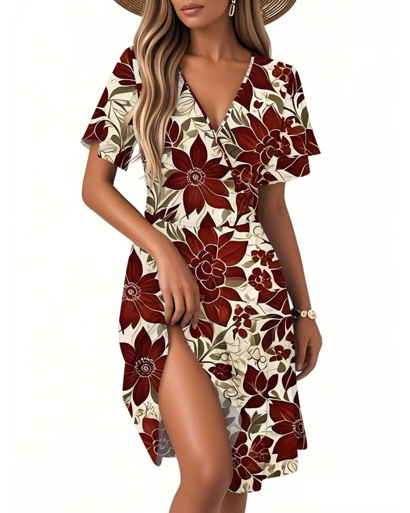Isla Robe d'été pour femme – Robe fleurie à ligne A avec col en V et volants