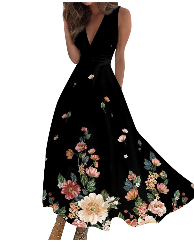 Camille Abito Maxi Donna – Rochie Boho Florală fără Mâneci cu Decolteu în V