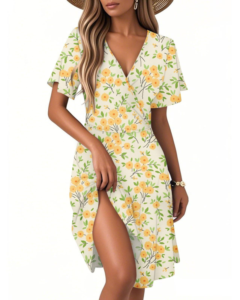Isla Robe d'été pour femme – Robe fleurie à ligne A avec col en V et volants