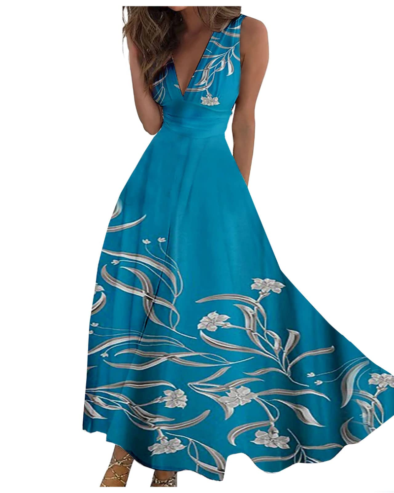 Camille Abito Maxi Donna – Rochie Boho Florală fără Mâneci cu Decolteu în V