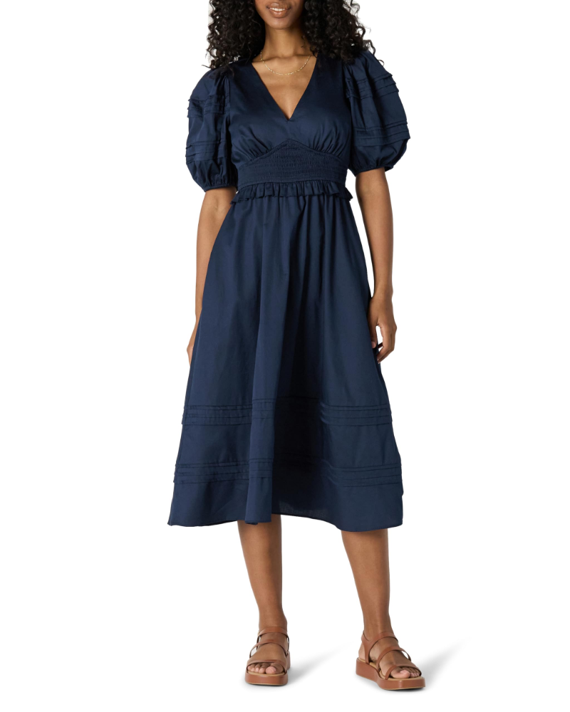 Phoebe Abito Midi Femme – Robe en Satin de Coton avec Manches Bouffantes et Col en V