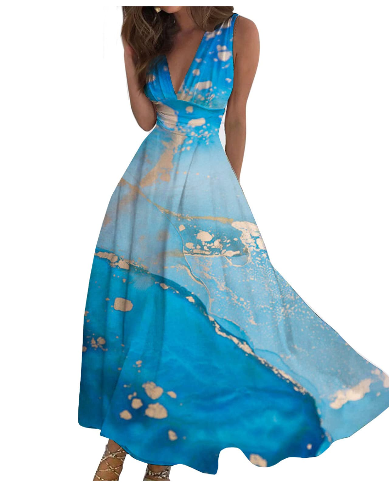 Camille Abito Maxi Donna – Rochie Boho Florală fără Mâneci cu Decolteu în V