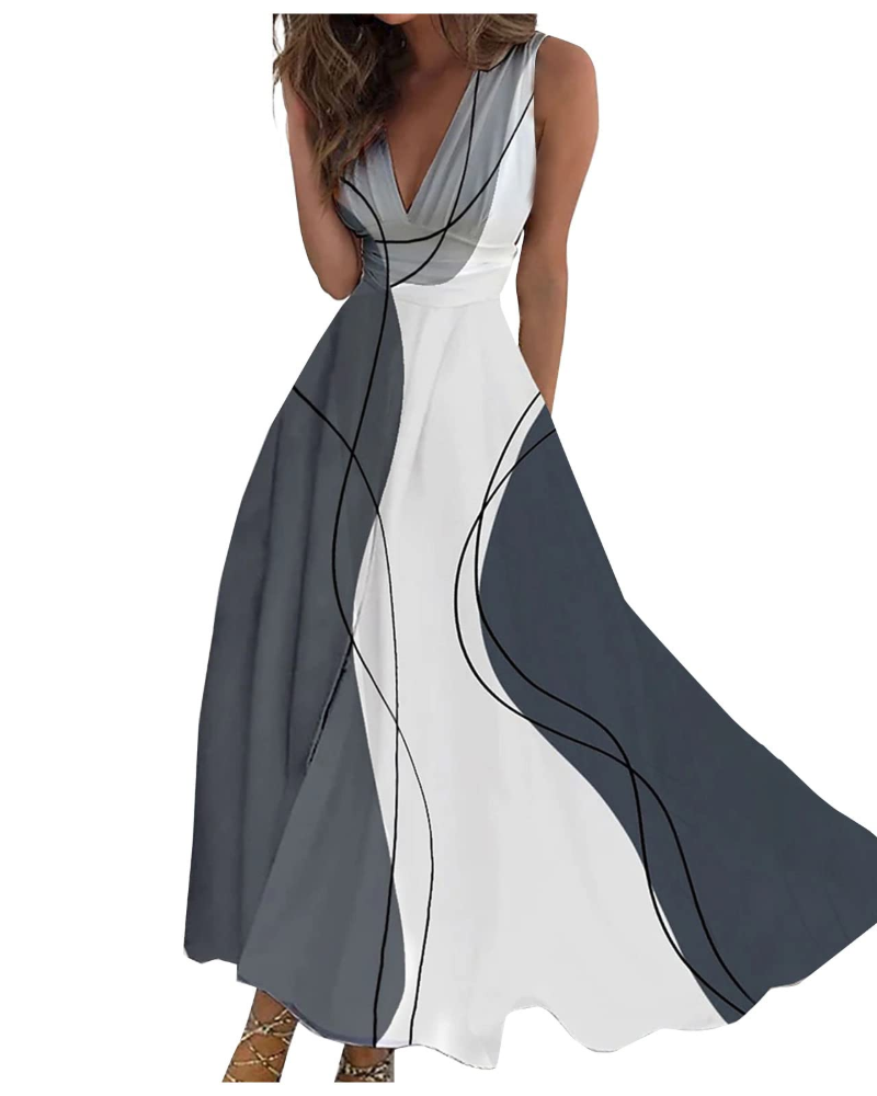 Camille Abito Maxi Donna – Rochie Boho Florală fără Mâneci cu Decolteu în V