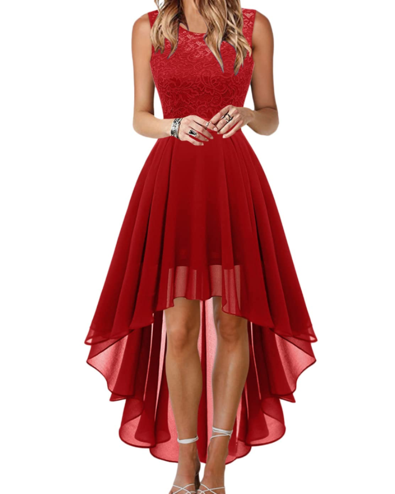 Blaire Women's Cocktail Dress – Asymmetric Lace and Chiffon Dress with Belt