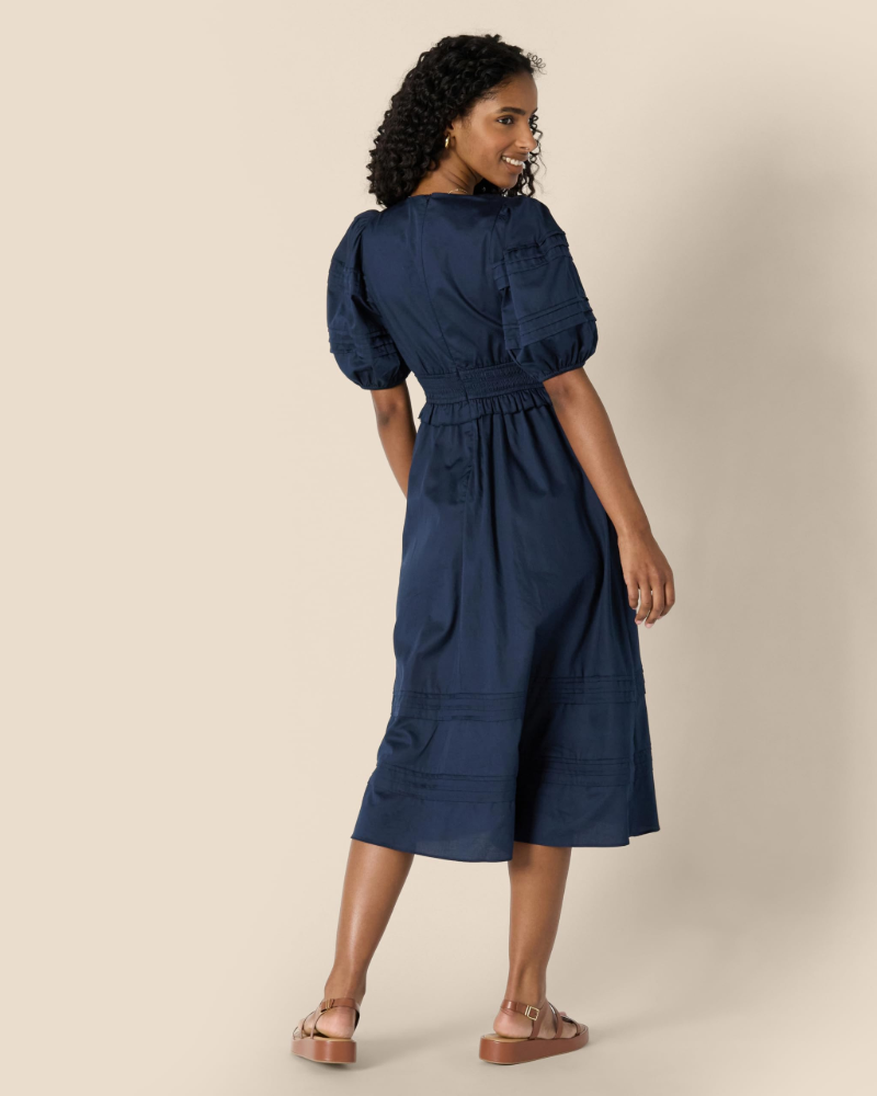 Phoebe Abito Midi Femme – Robe en Satin de Coton avec Manches Bouffantes et Col en V