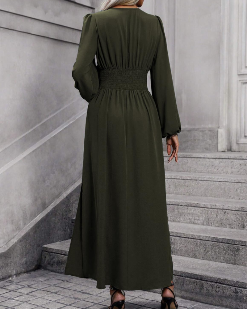 Chelsea Damen Maxikleid – Plissiertes Kleid mit V-Ausschnitt und Laternenärmeln