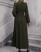 Chelsea Damen Maxikleid – Plissiertes Kleid mit V-Ausschnitt und Laternenärmeln