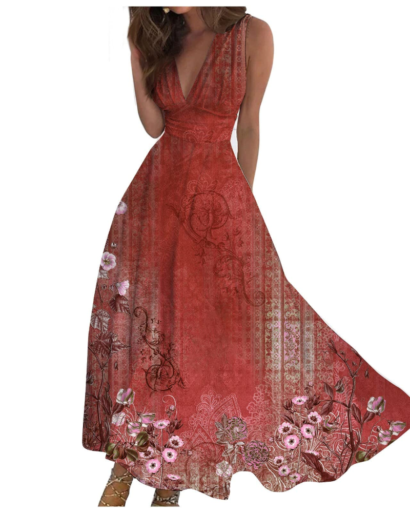 Camille Abito Maxi Donna – Rochie Boho Florală fără Mâneci cu Decolteu în V