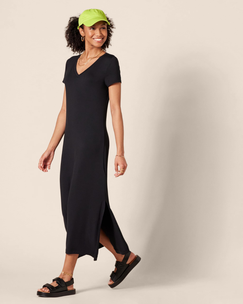 Morgan Robe Midi Femme – Robe en Jersey de Viscose avec Col en V et Fentes