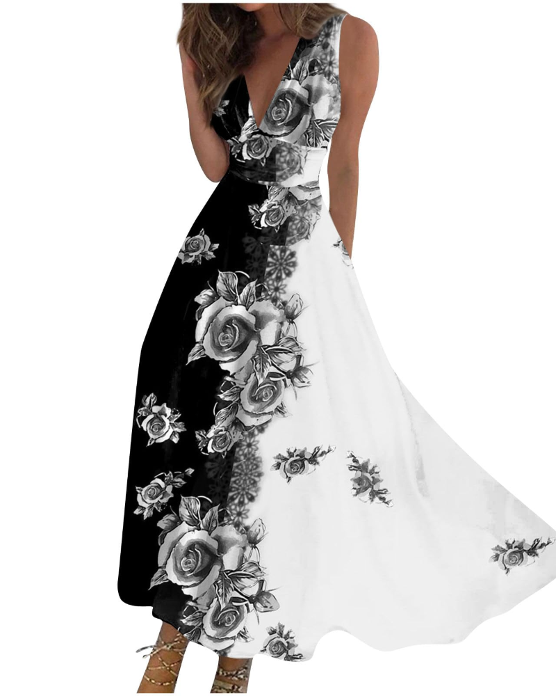 Camille Abito Maxi Donna – Rochie Boho Florală fără Mâneci cu Decolteu în V