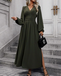 Chelsea Damen Maxikleid – Plissiertes Kleid mit V-Ausschnitt und Laternenärmeln