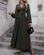 Chelsea Damen Maxikleid – Plissiertes Kleid mit V-Ausschnitt und Laternenärmeln
