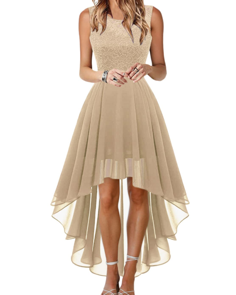 Blaire Women's Cocktail Dress – Asymmetric Lace and Chiffon Dress with Belt