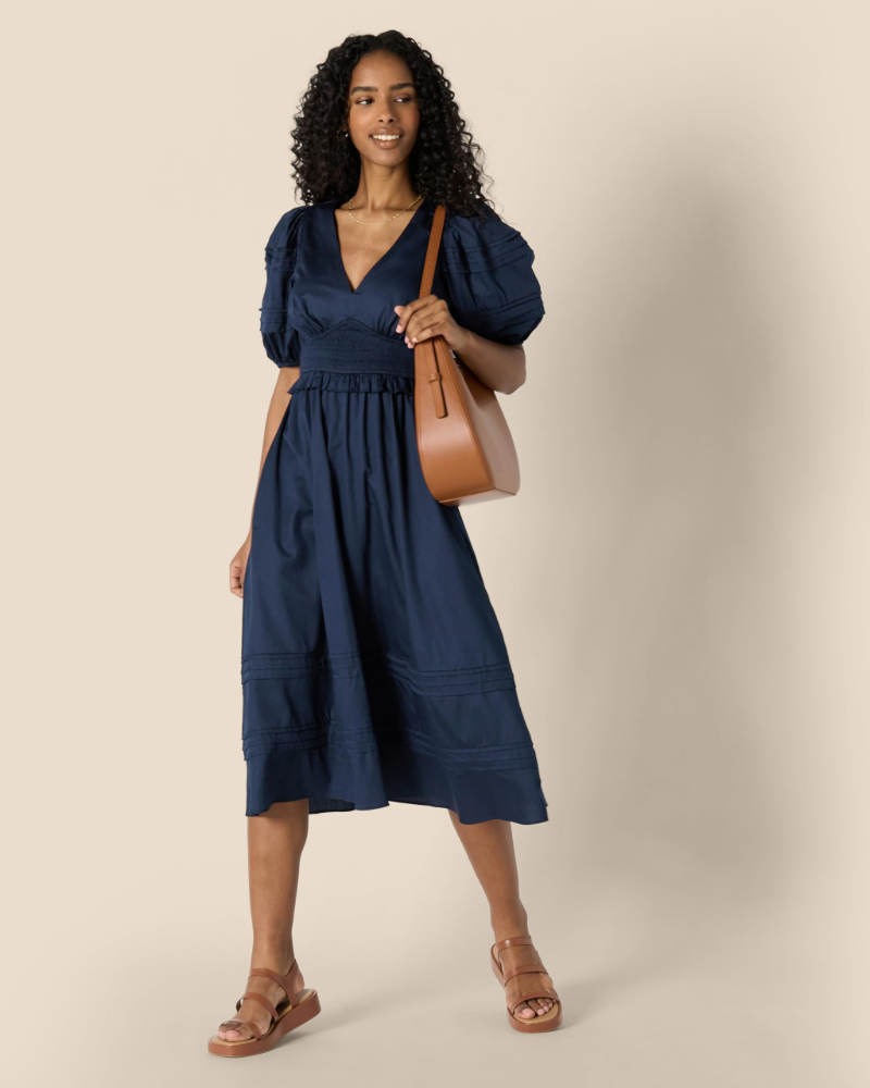 Phoebe Abito Midi Femme – Robe en Satin de Coton avec Manches Bouffantes et Col en V