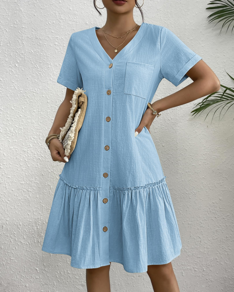 Audrey Robe d'été pour femme – Robe en coton et lin avec col en V et boutons