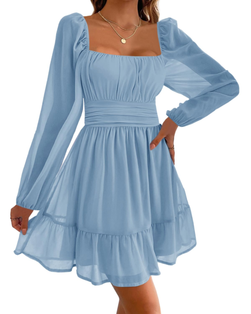 Madeline Women's Evening Dress – Square Neckline, Tulle Sleeves, and Ruffles