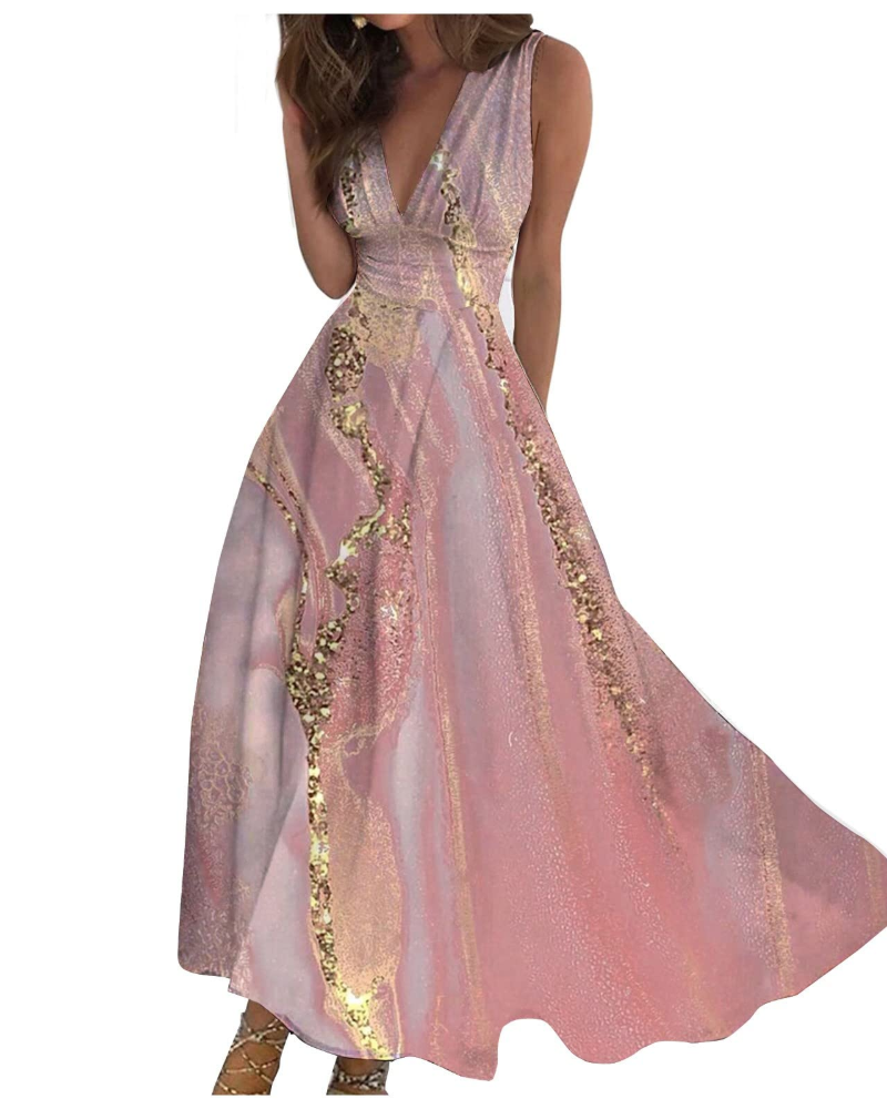 Camille Abito Maxi Donna – Rochie Boho Florală fără Mâneci cu Decolteu în V