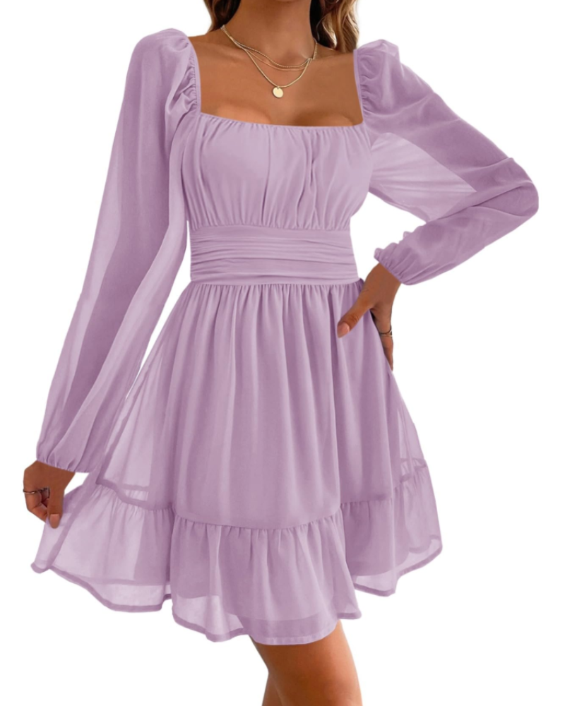 Madeline Women's Evening Dress – Square Neckline, Tulle Sleeves, and Ruffles