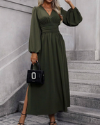 Chelsea Damen Maxikleid – Plissiertes Kleid mit V-Ausschnitt und Laternenärmeln