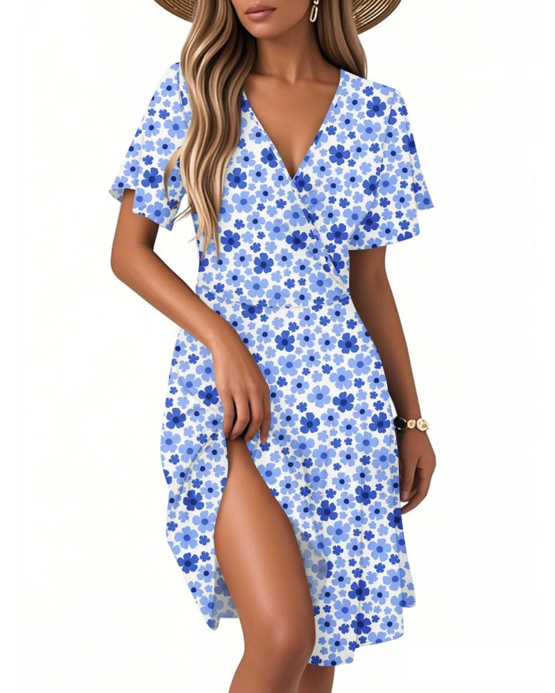 Isla Robe d'été pour femme – Robe fleurie à ligne A avec col en V et volants