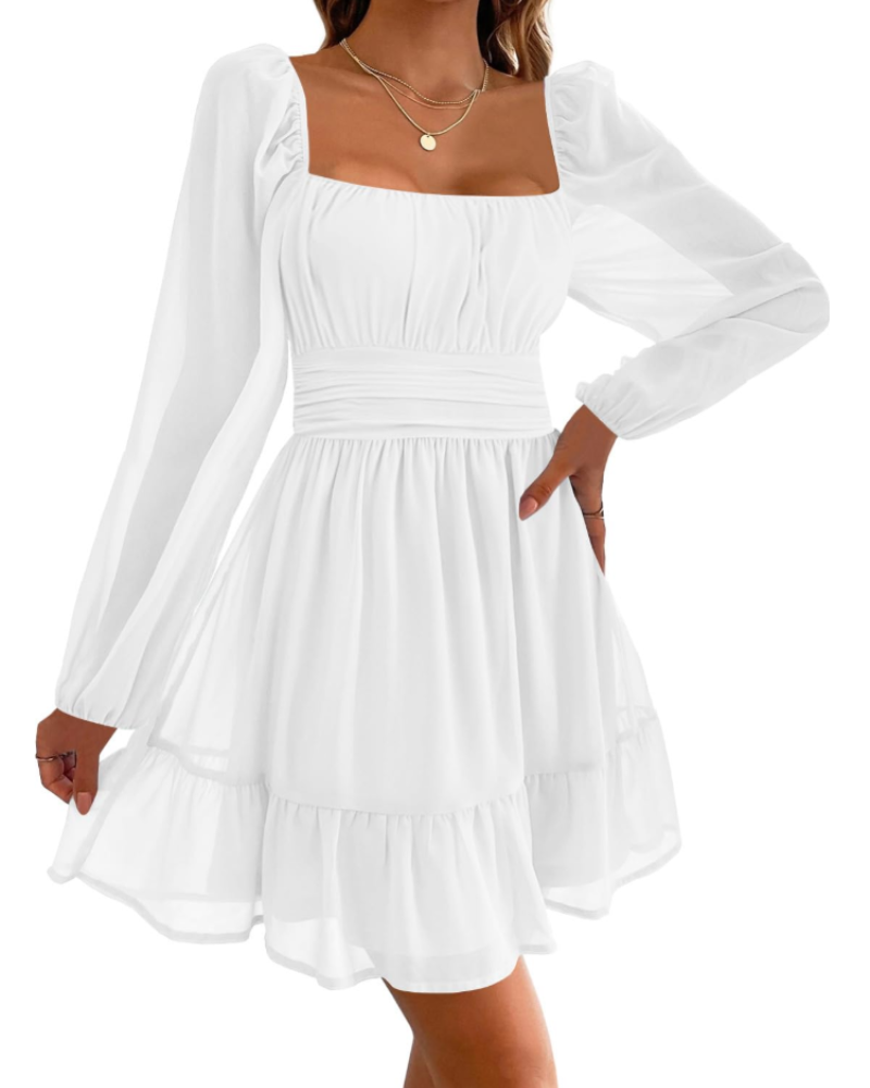 Madeline Women's Evening Dress – Square Neckline, Tulle Sleeves, and Ruffles