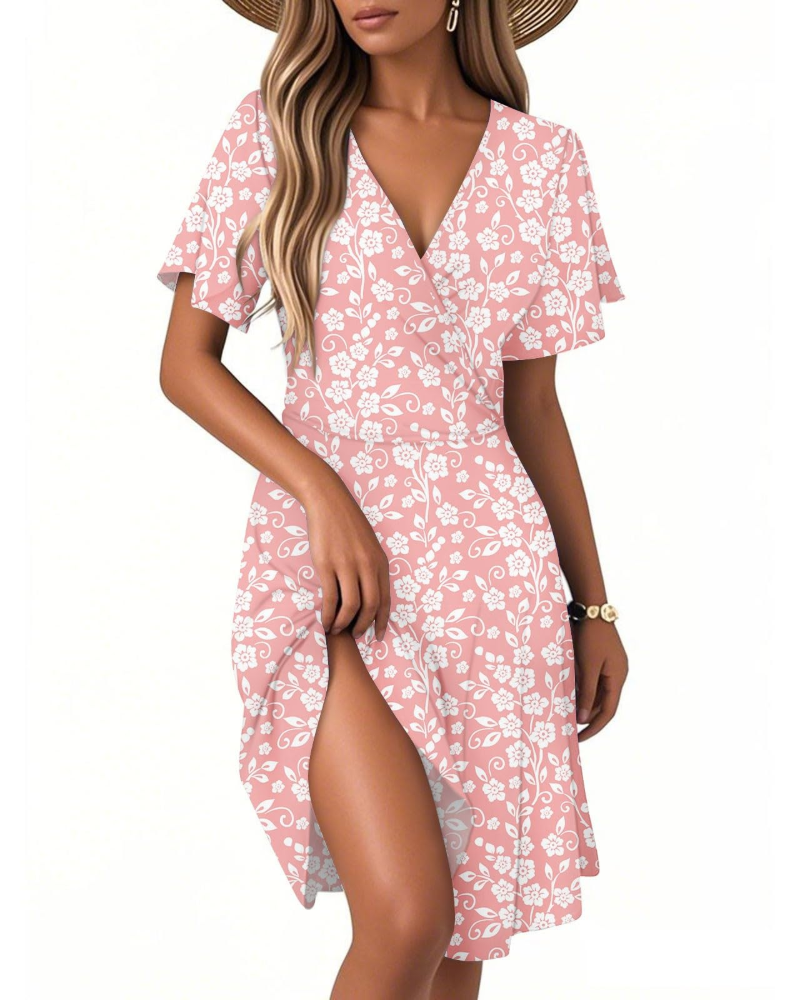 Isla Robe d'été pour femme – Robe fleurie à ligne A avec col en V et volants