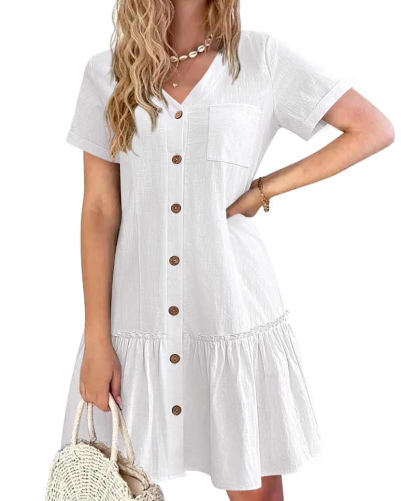 Audrey Robe d'été pour femme – Robe en coton et lin avec col en V et boutons
