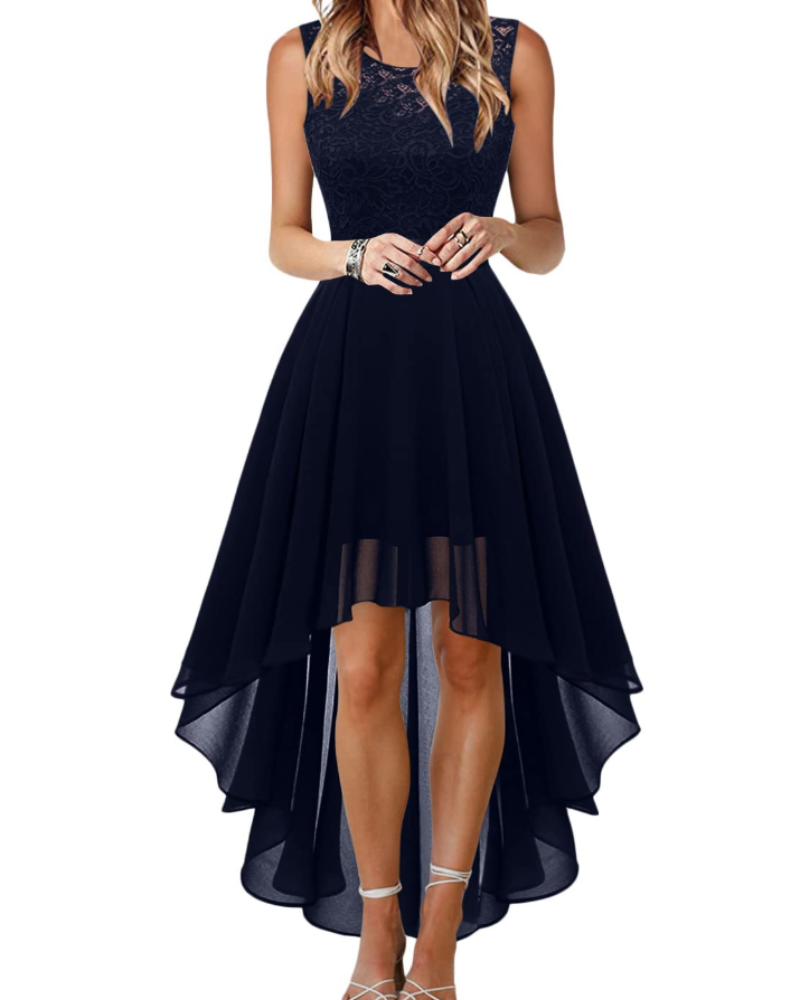 Blaire Women's Cocktail Dress – Asymmetric Lace and Chiffon Dress with Belt