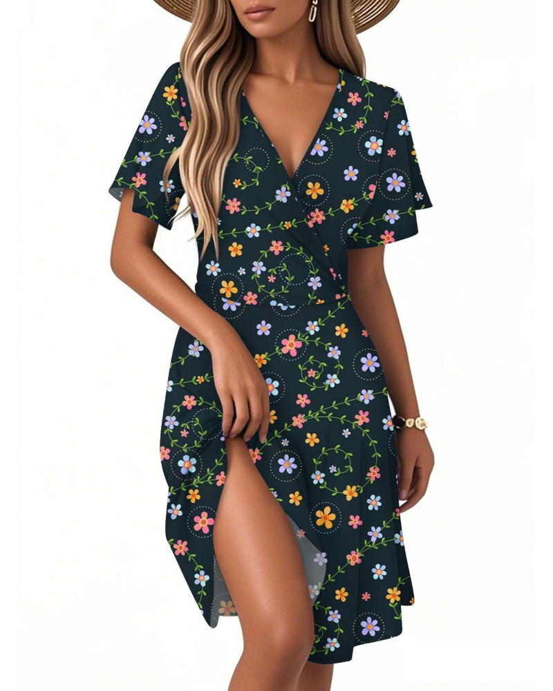 Isla Robe d'été pour femme – Robe fleurie à ligne A avec col en V et volants