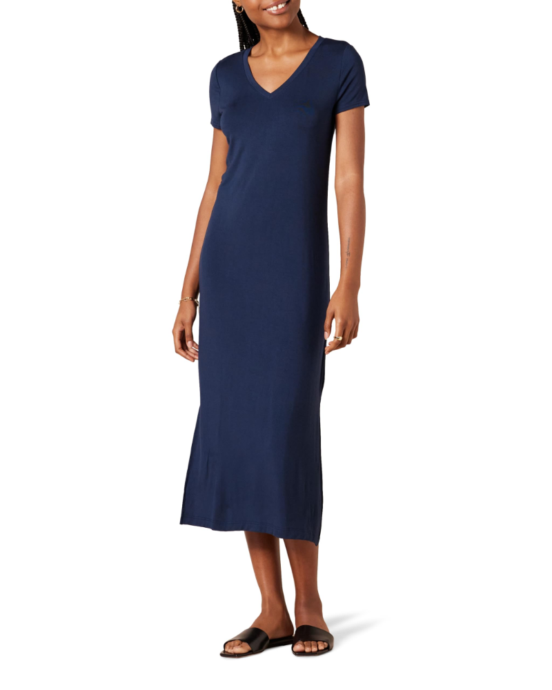 Morgan Robe Midi Femme – Robe en Jersey de Viscose avec Col en V et Fentes