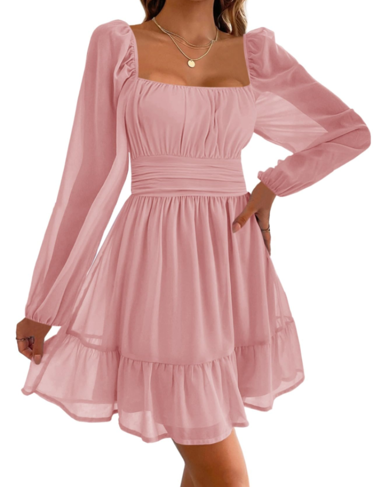 Madeline Women's Evening Dress – Square Neckline, Tulle Sleeves, and Ruffles