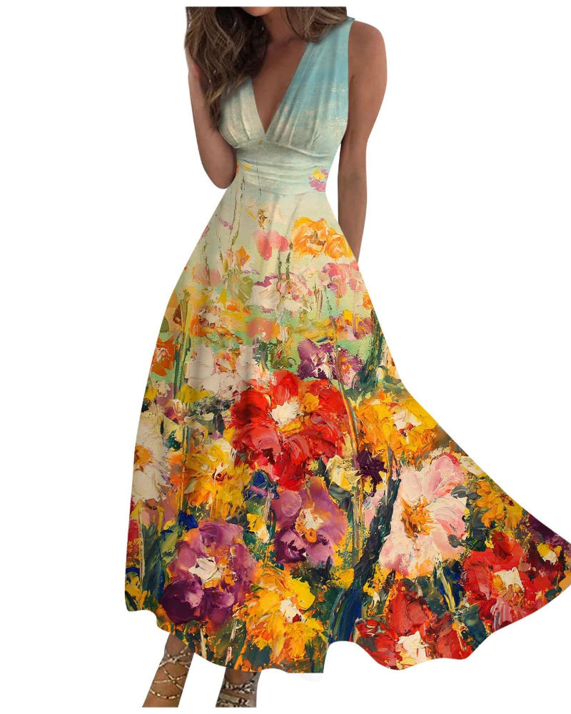 Camille Abito Maxi Donna – Rochie Boho Florală fără Mâneci cu Decolteu în V