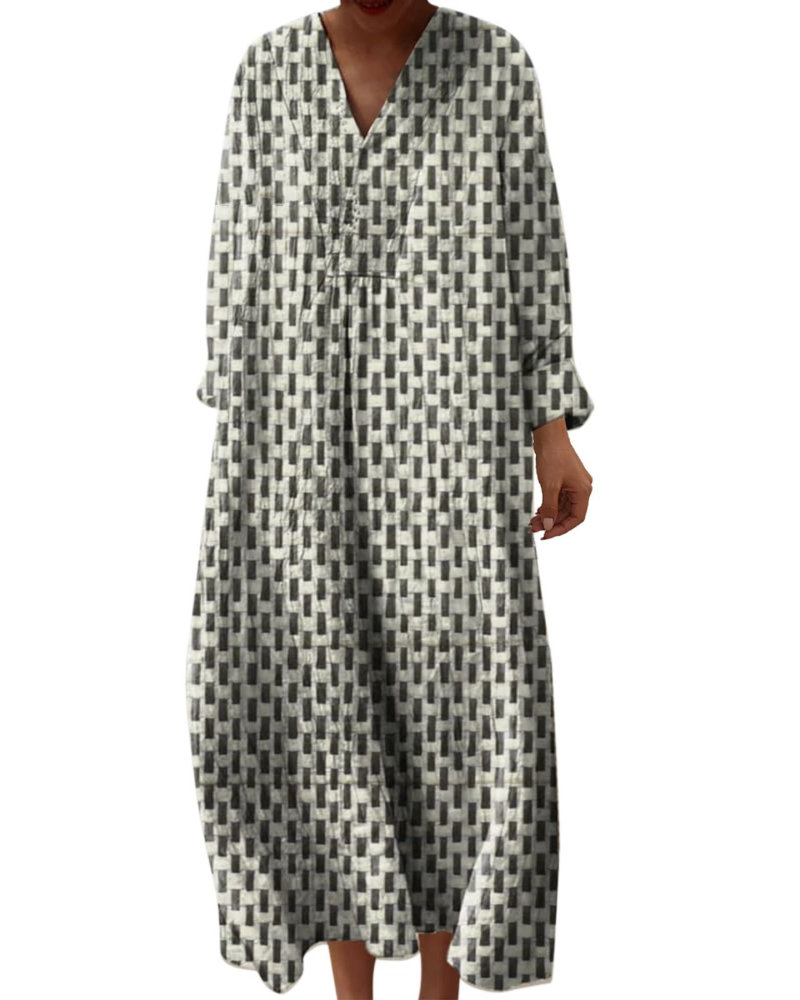 Vestido Midi Elena para Mujer – Vestido Bohemio Floral en Línea A con Escote en V y Mangas Largas