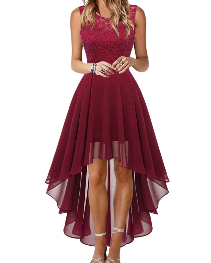 Blaire Women's Cocktail Dress – Asymmetric Lace and Chiffon Dress with Belt