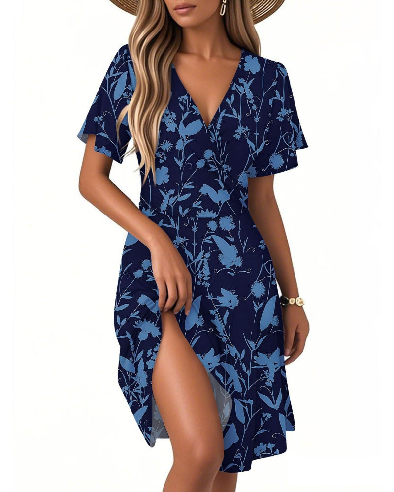 Isla Robe d'été pour femme – Robe fleurie à ligne A avec col en V et volants